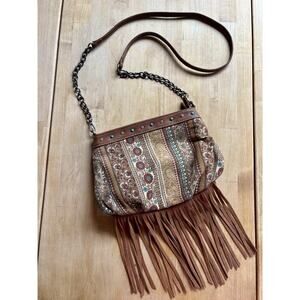 Brown Turquoise Studded Fringe Western Boho Chain Crossbody Shoulder Bag